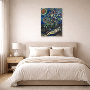 Unframed poster print of Marc Chagall's Le Bouquet D'Amour displayed on a wall in a bedroom