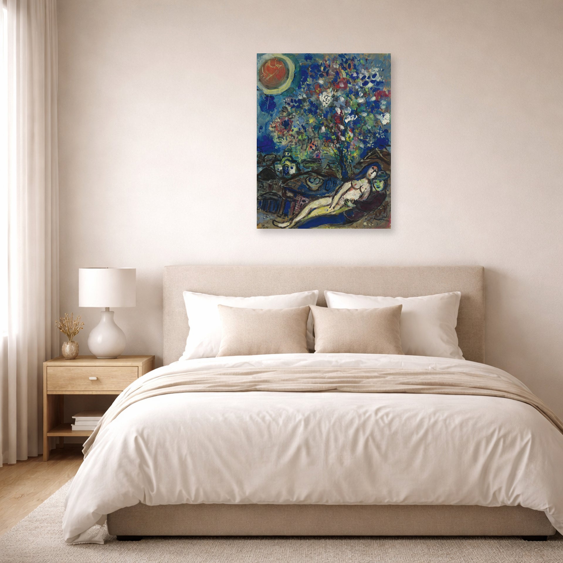 Unframed poster print of Marc Chagall's Le Bouquet D'Amour displayed on a wall in a bedroom
