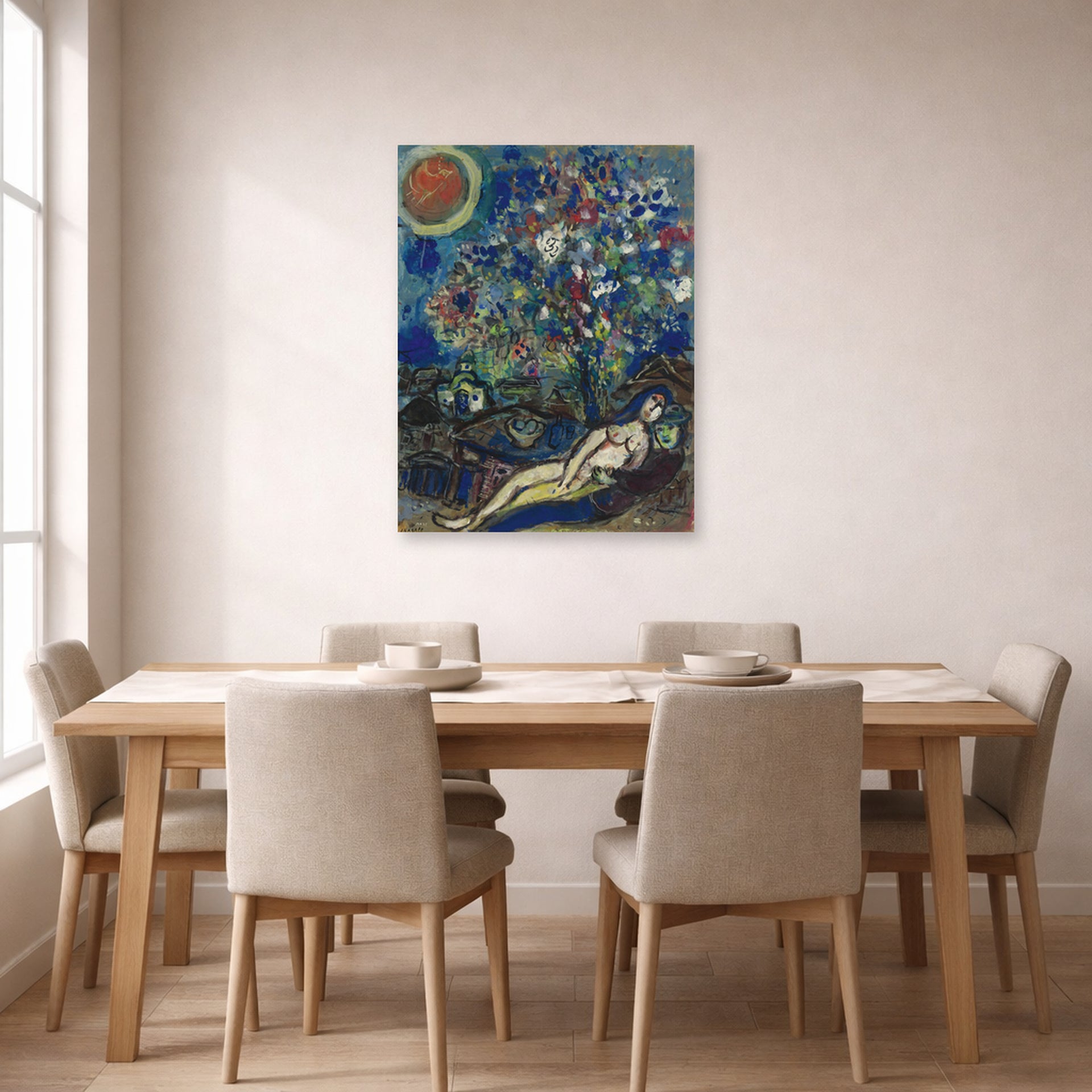 Unframed poster print of Marc Chagall's Le Bouquet D'Amour displayed on a wall in a dining room