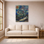 Unframed poster print of Marc Chagall's Le Bouquet D'Amour displayed on a wall in a living room
