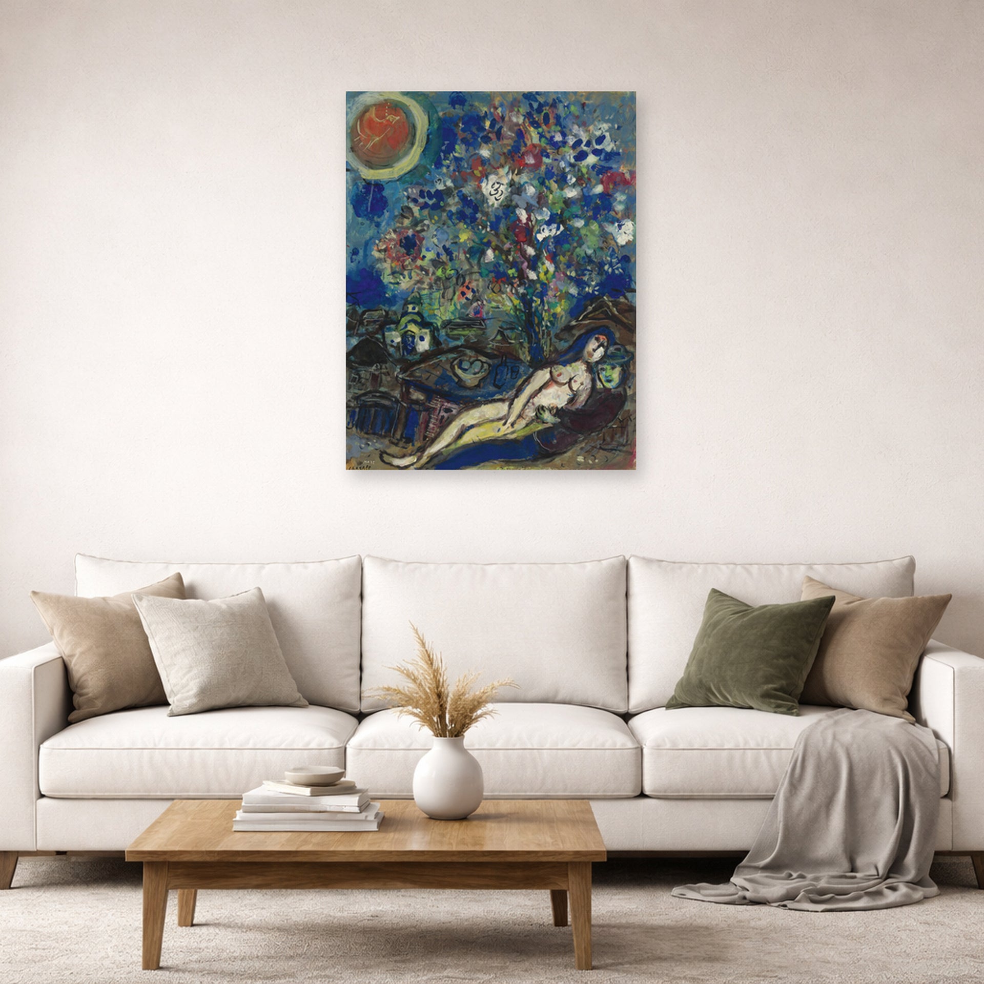 Unframed poster print of Marc Chagall's Le Bouquet D'Amour displayed on a wall in a living room