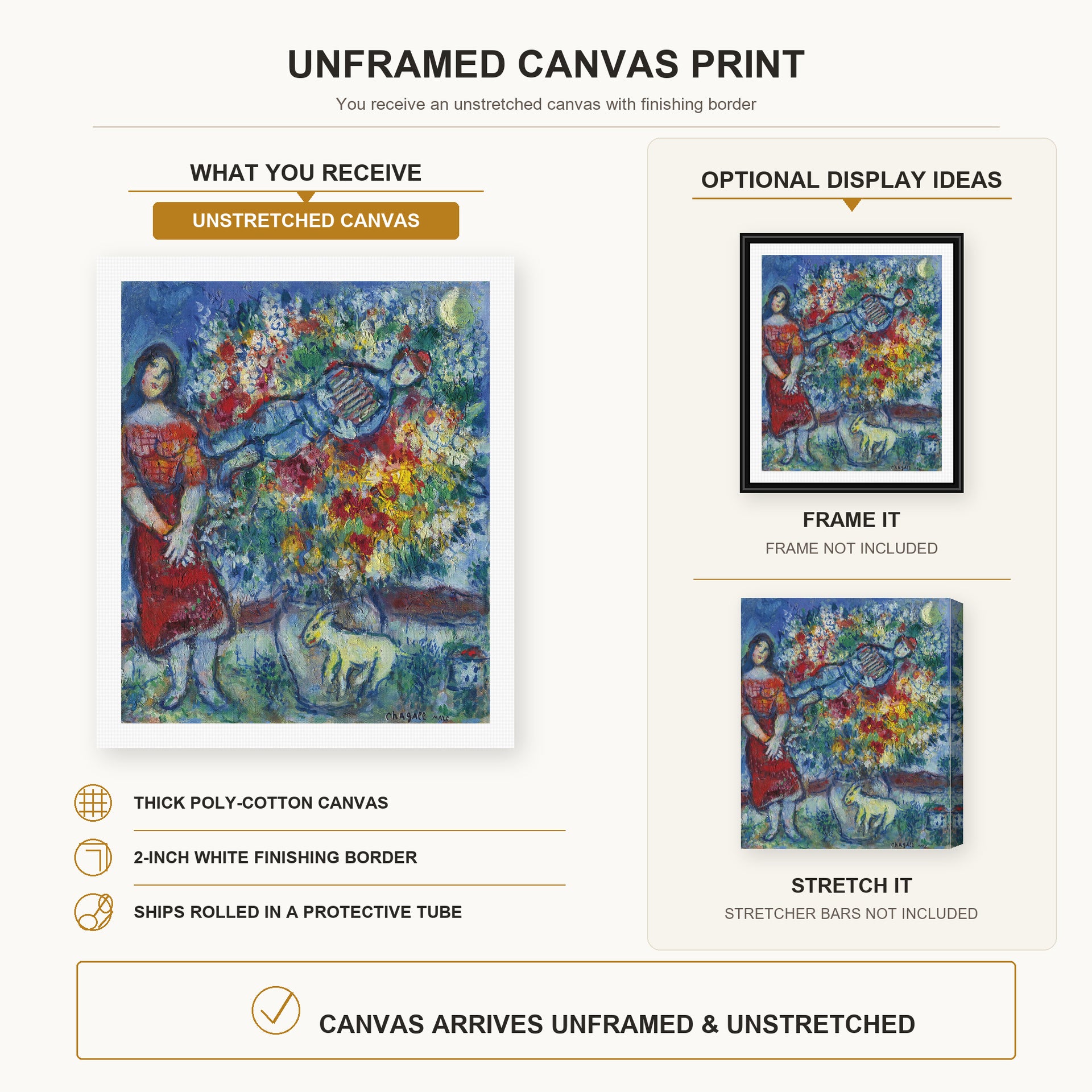 Marc Chagall - Le Joeur D'Accordéon canvas print size comparison and framing display infographic