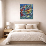 Gallery-wrapped canvas print of Marc Chagall's Le Joeur D'Accordéon displayed on a wall in a bedroom
