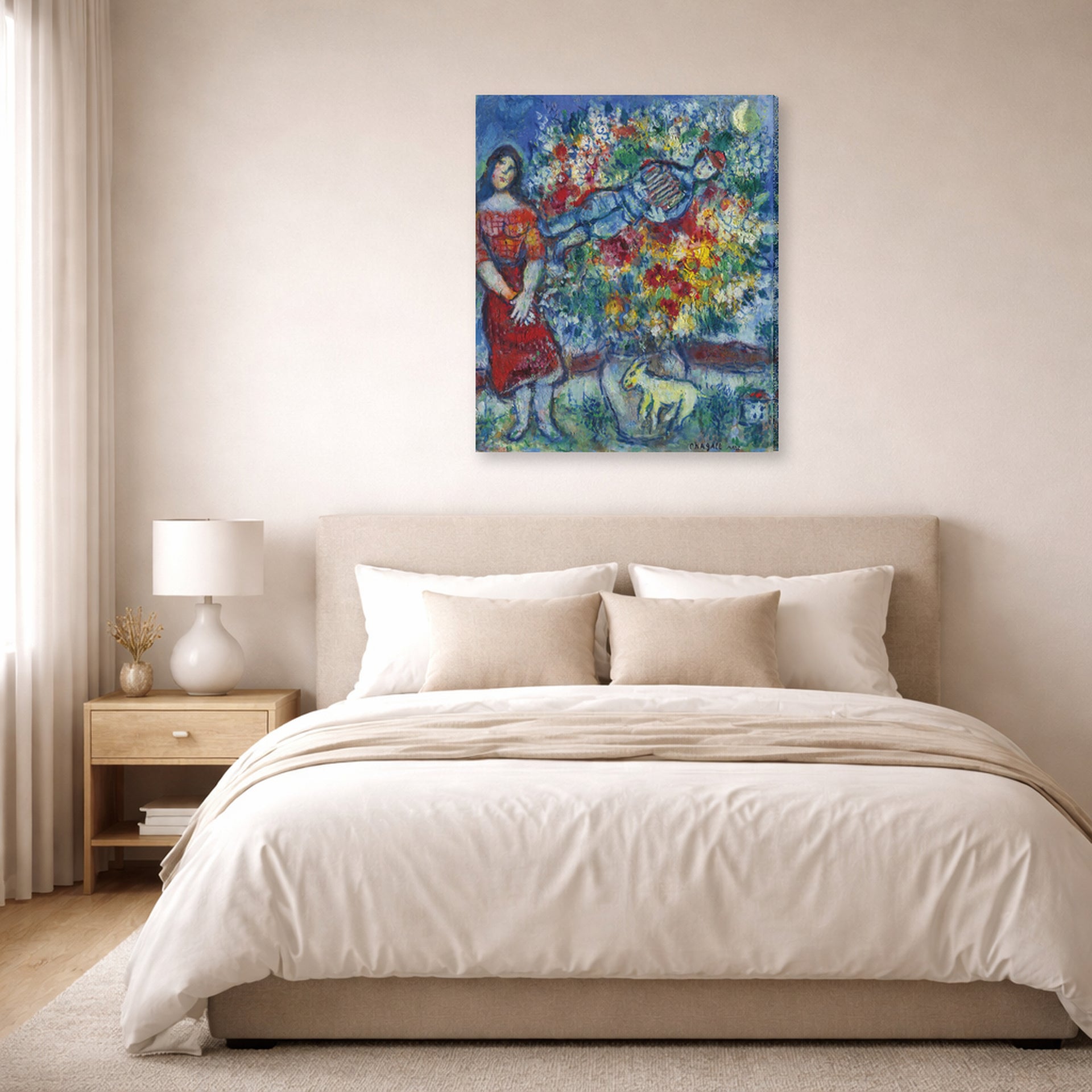 Gallery-wrapped canvas print of Marc Chagall's Le Joeur D'Accordéon displayed on a wall in a bedroom