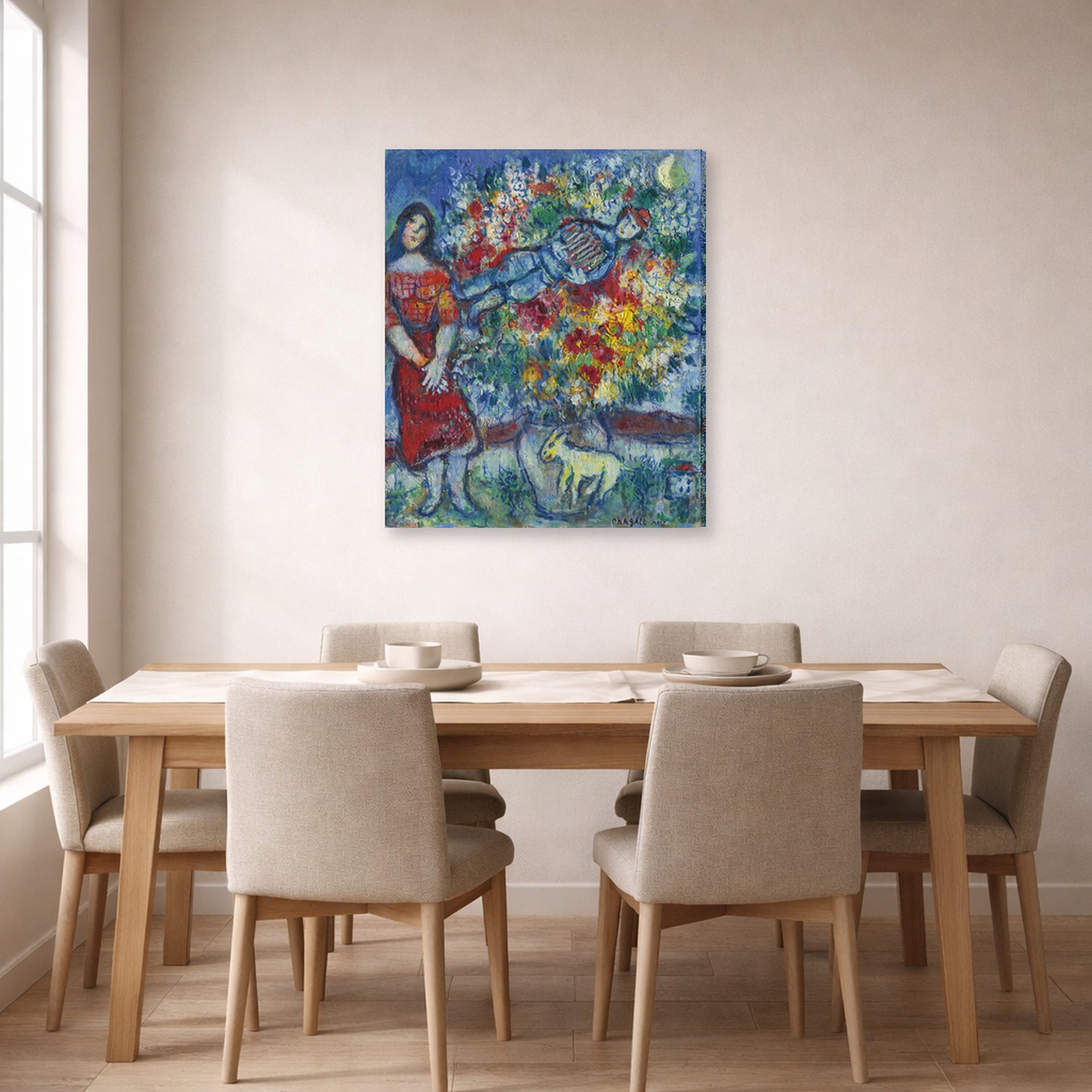 Gallery-wrapped canvas print of Marc Chagall's Le Joeur D'Accordéon displayed on a wall in a dining room