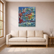 Gallery-wrapped canvas print of Marc Chagall's Le Joeur D'Accordéon displayed on a wall in a living room