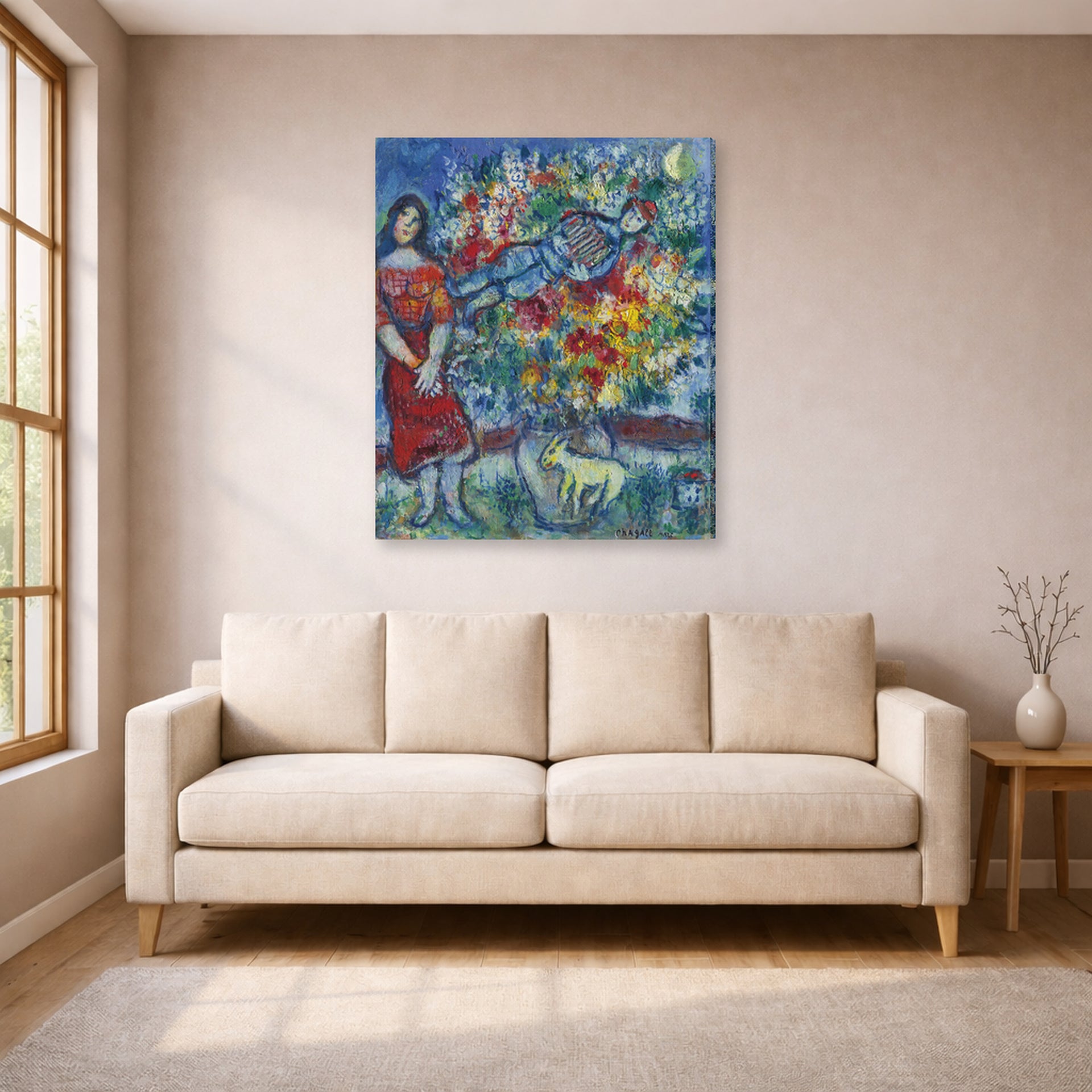 Gallery-wrapped canvas print of Marc Chagall's Le Joeur D'Accordéon displayed on a wall in a living room