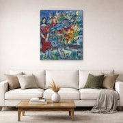 Gallery-wrapped canvas print of Marc Chagall's Le Joeur D'Accordéon displayed on a wall in a living room