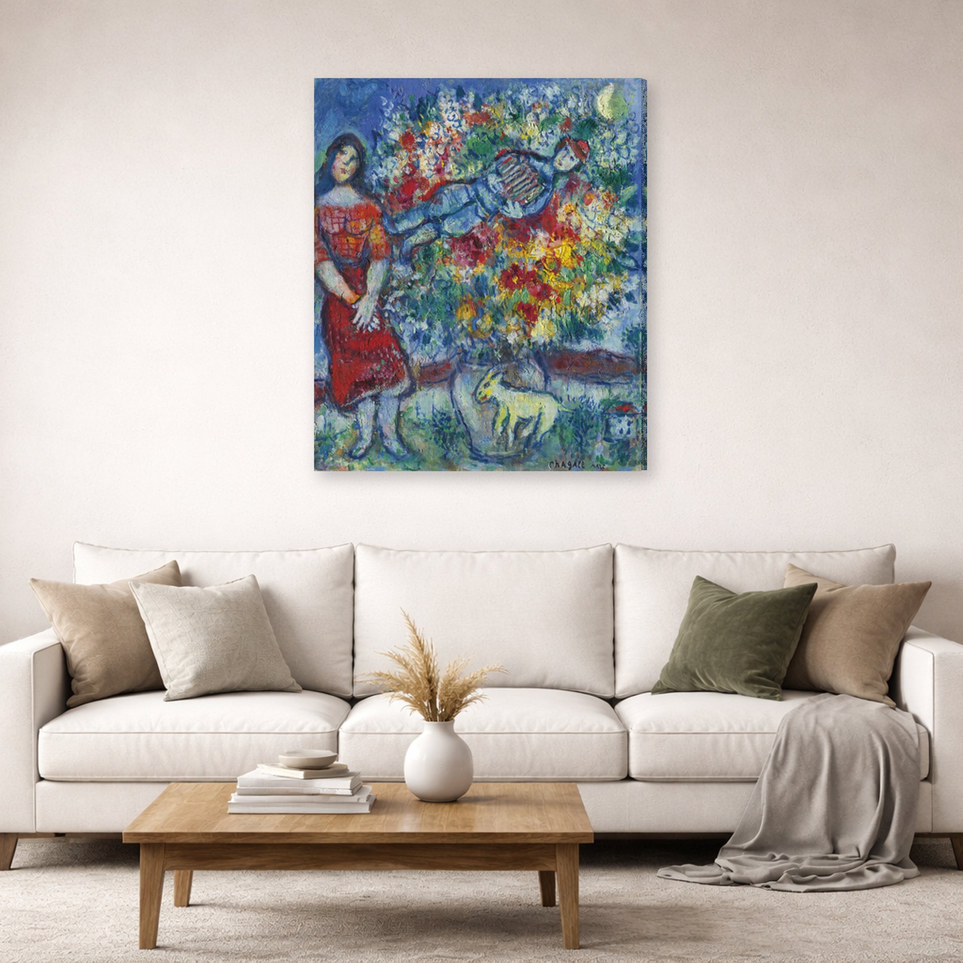 Gallery-wrapped canvas print of Marc Chagall's Le Joeur D'Accordéon displayed on a wall in a living room