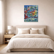 Unframed poster print of Marc Chagall's Le Joeur D'Accordéon displayed on a wall in a bedroom