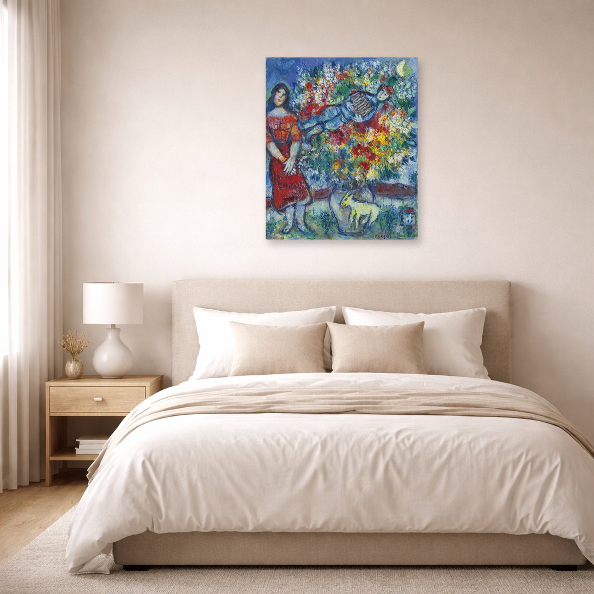 Unframed poster print of Marc Chagall's Le Joeur D'Accordéon displayed on a wall in a bedroom