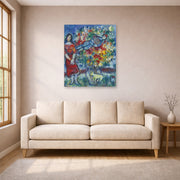 Unframed poster print of Marc Chagall's Le Joeur D'Accordéon displayed on a wall in a living room