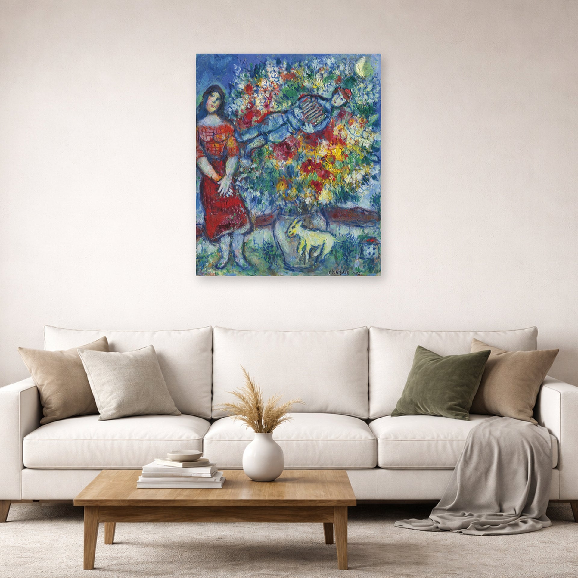 Unframed poster print of Marc Chagall's Le Joeur D'Accordéon displayed on a wall in a living room