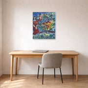 Unframed poster print of Marc Chagall's Le Joeur D'Accordéon displayed on a wall in an office