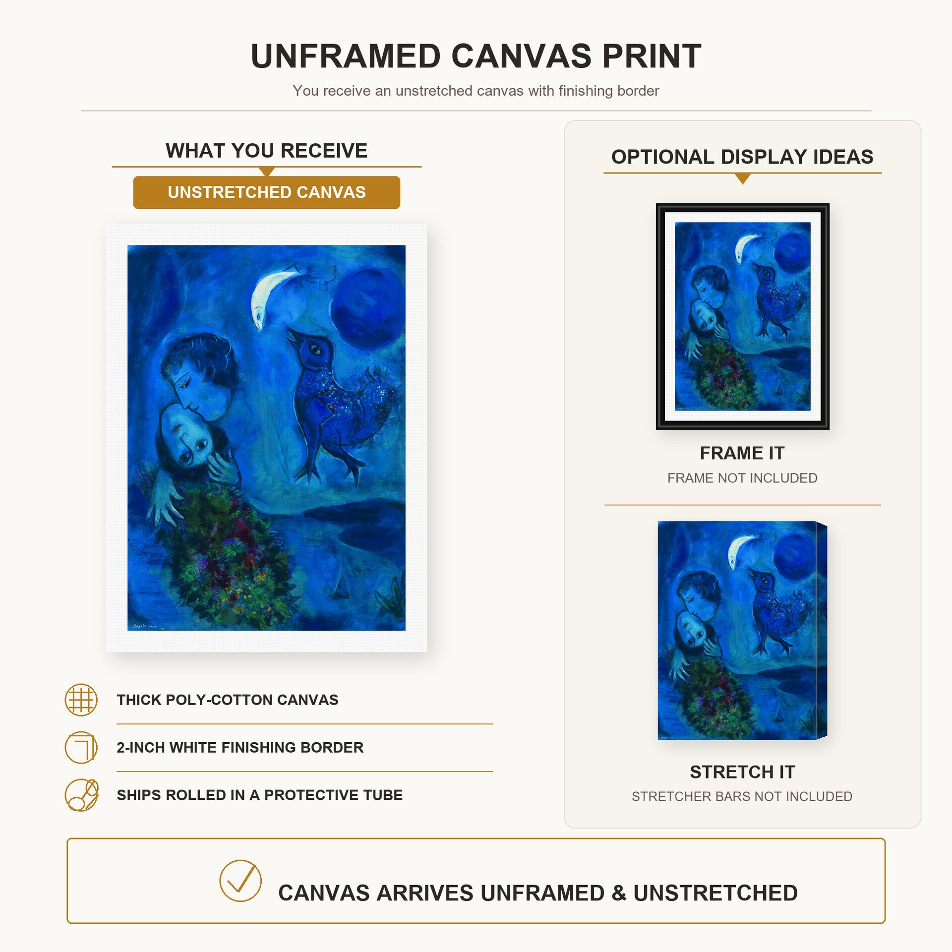 Marc Chagall - Le Paysage Bleu canvas print size comparison and framing display infographic