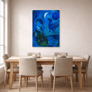 Gallery-wrapped canvas print of Marc Chagall's Le Paysage Bleu displayed on a wall in a dining room