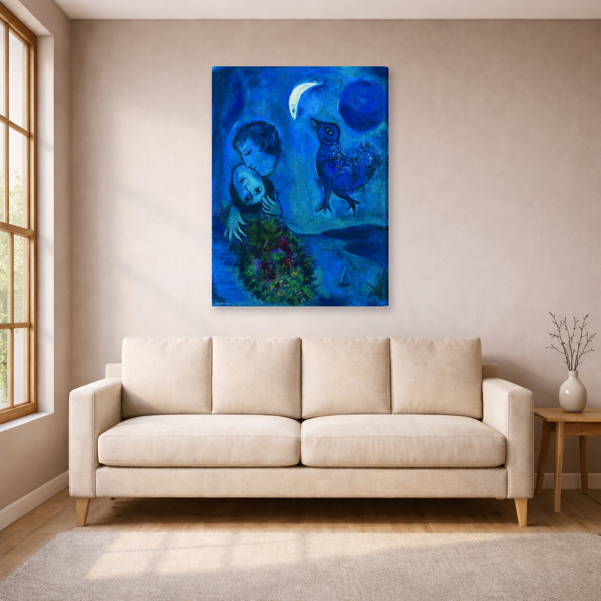 Gallery-wrapped canvas print of Marc Chagall's Le Paysage Bleu displayed on a wall in a living room