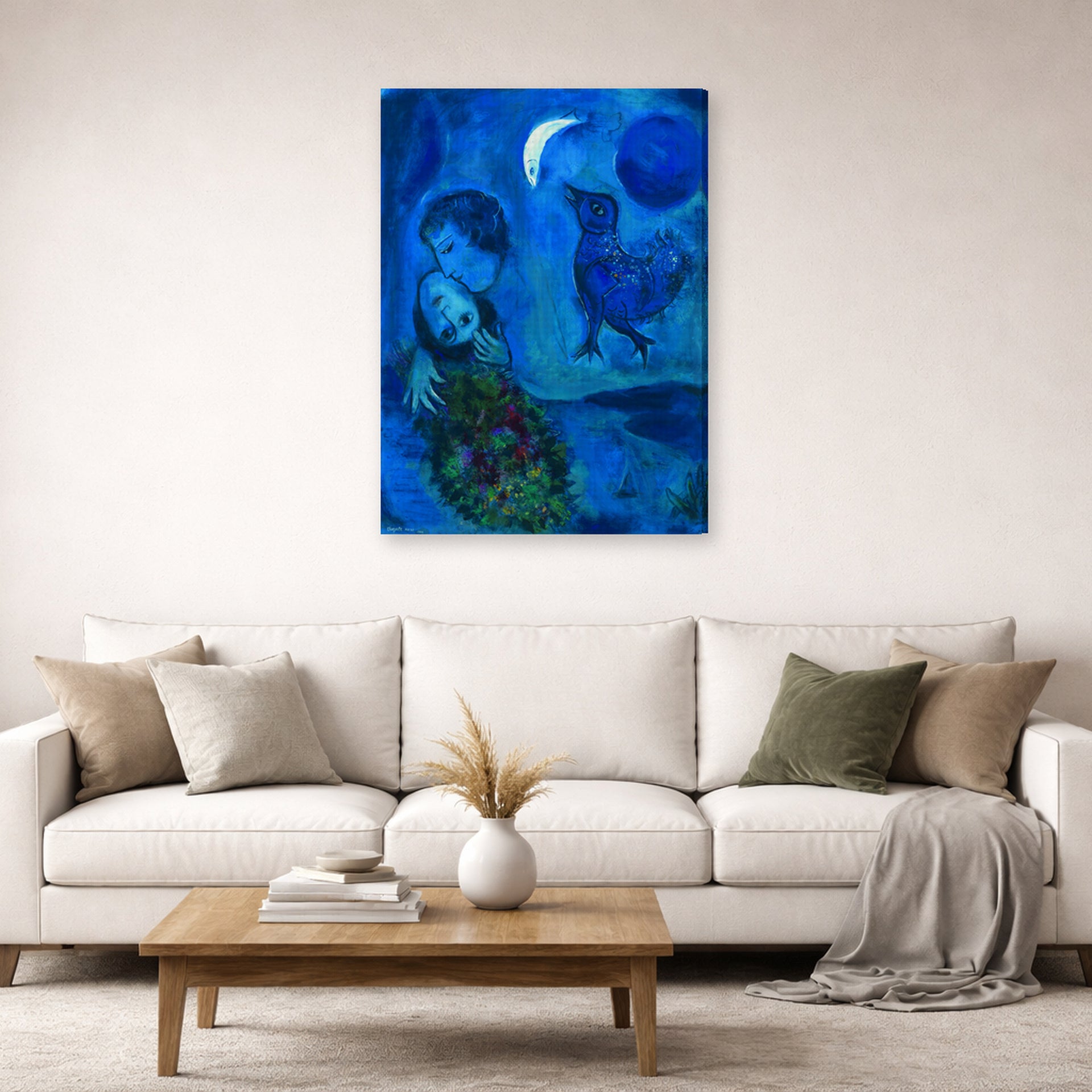Gallery-wrapped canvas print of Marc Chagall's Le Paysage Bleu displayed on a wall in a living room