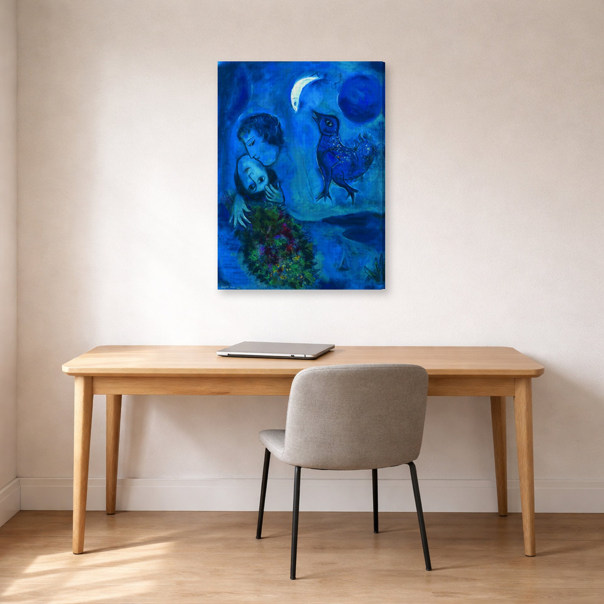 Gallery-wrapped canvas print of Marc Chagall's Le Paysage Bleu displayed on a wall in an office