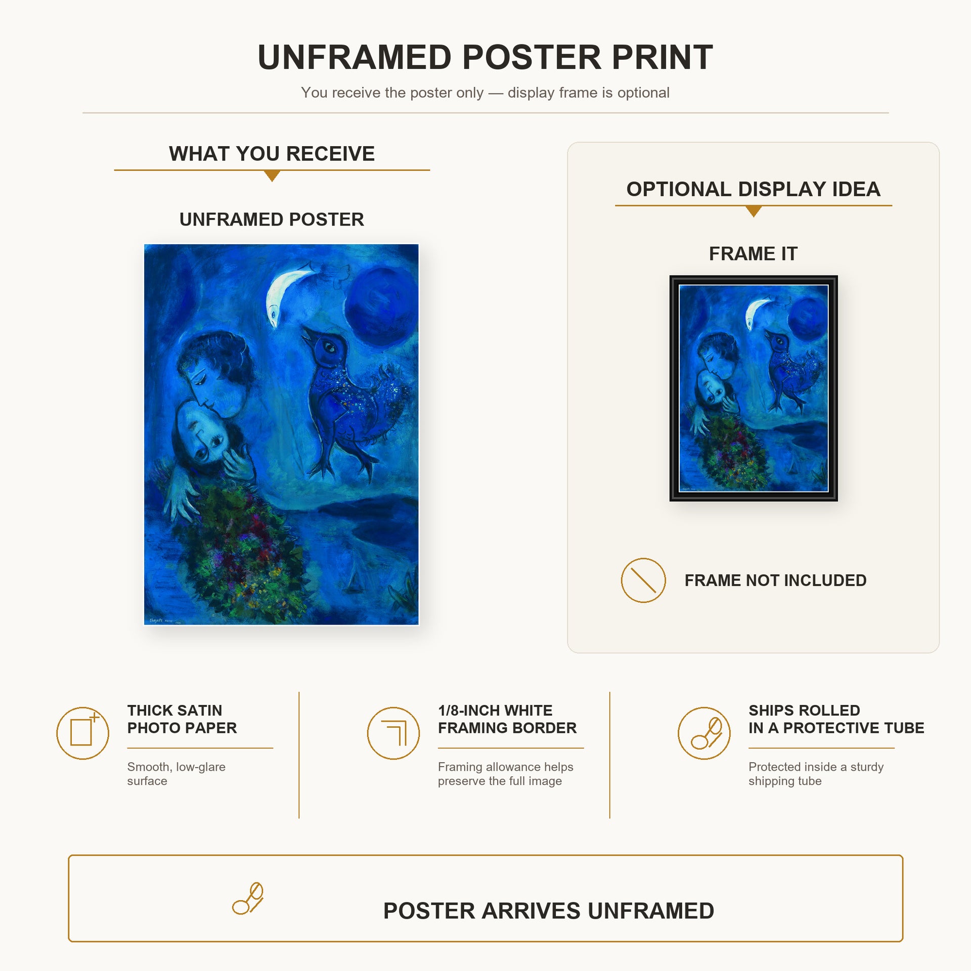 Marc Chagall - Le Paysage Bleu poster print size comparison and framing display infographic