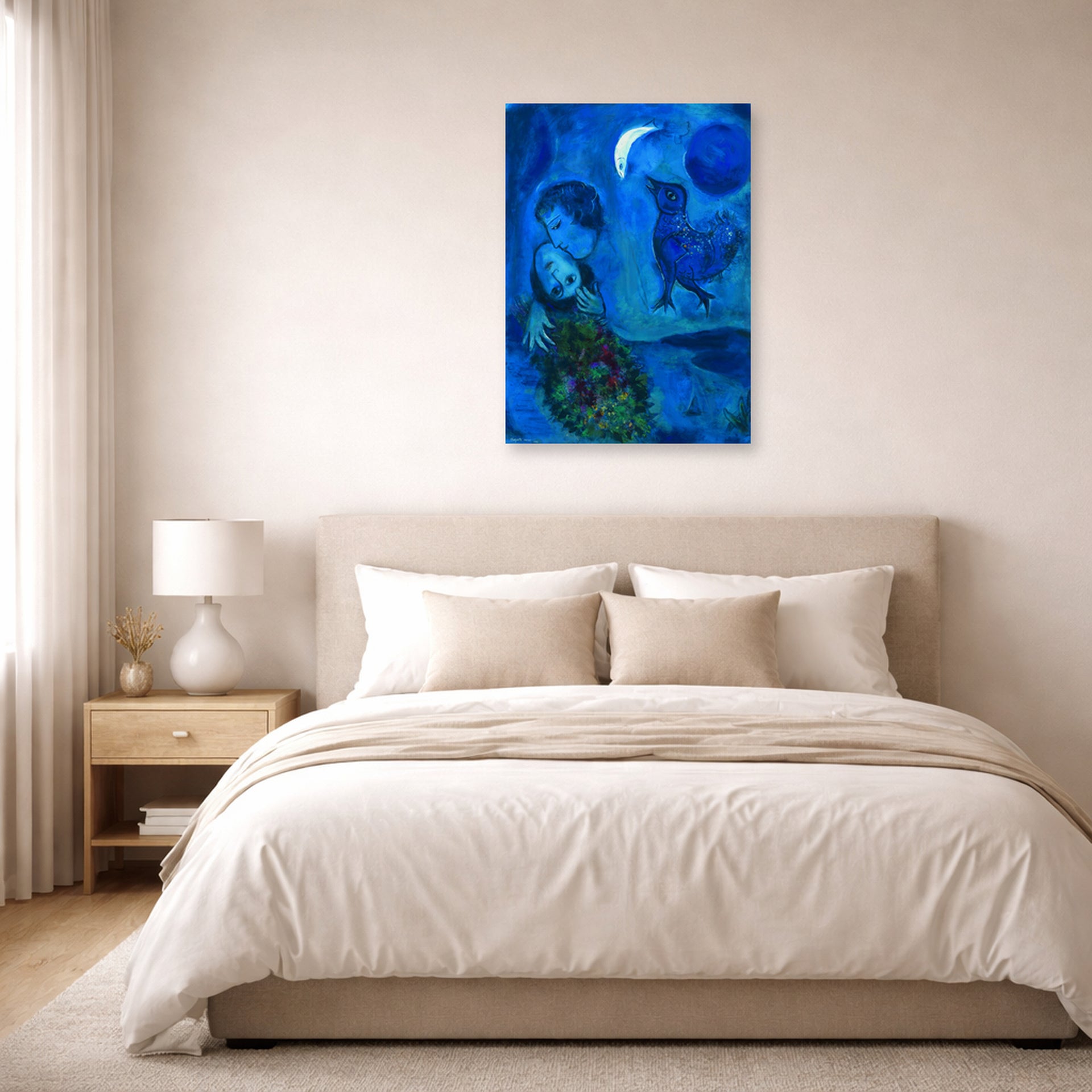 Unframed poster print of Marc Chagall's Le Paysage Bleu displayed on a wall in a bedroom