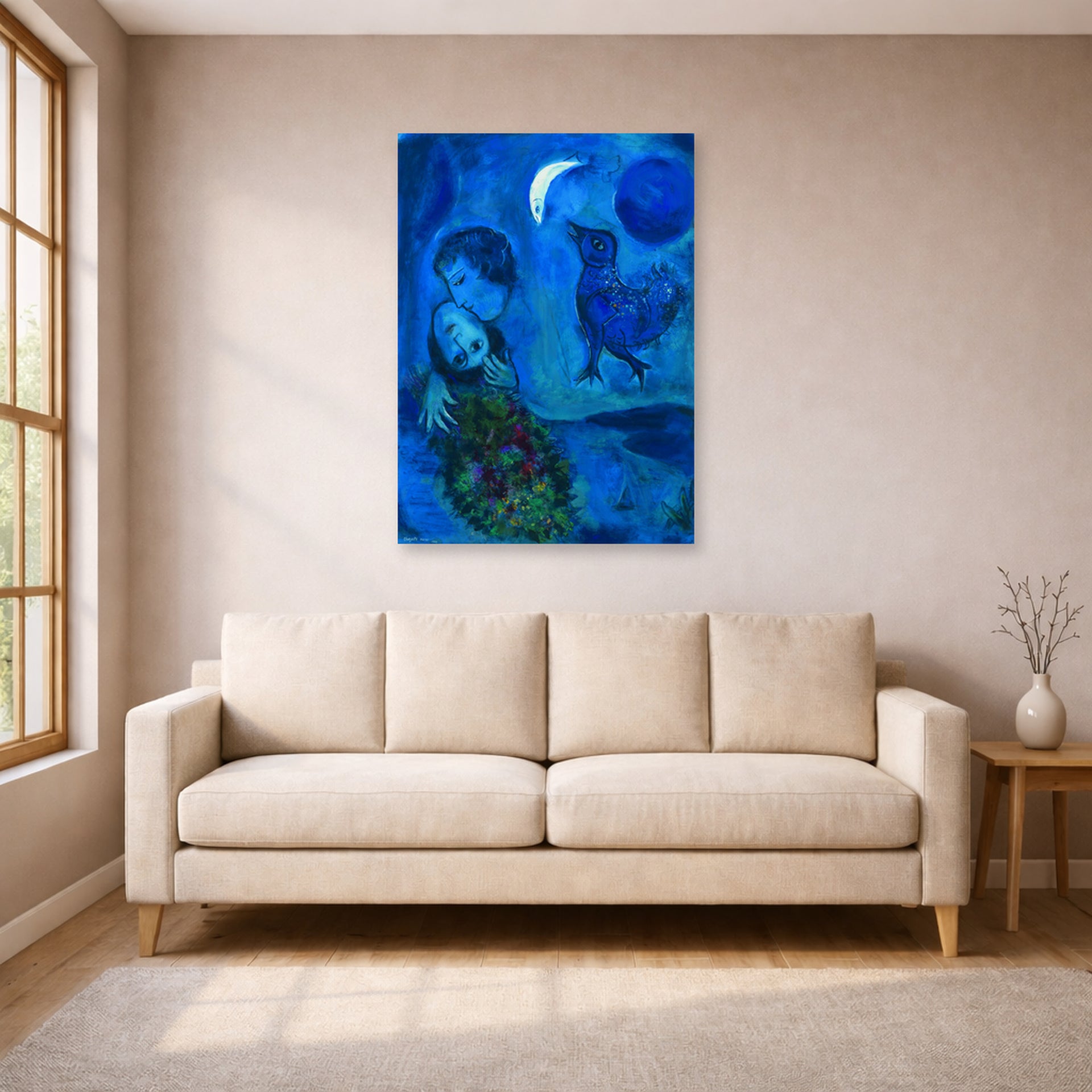 Unframed poster print of Marc Chagall's Le Paysage Bleu displayed on a wall in a living room