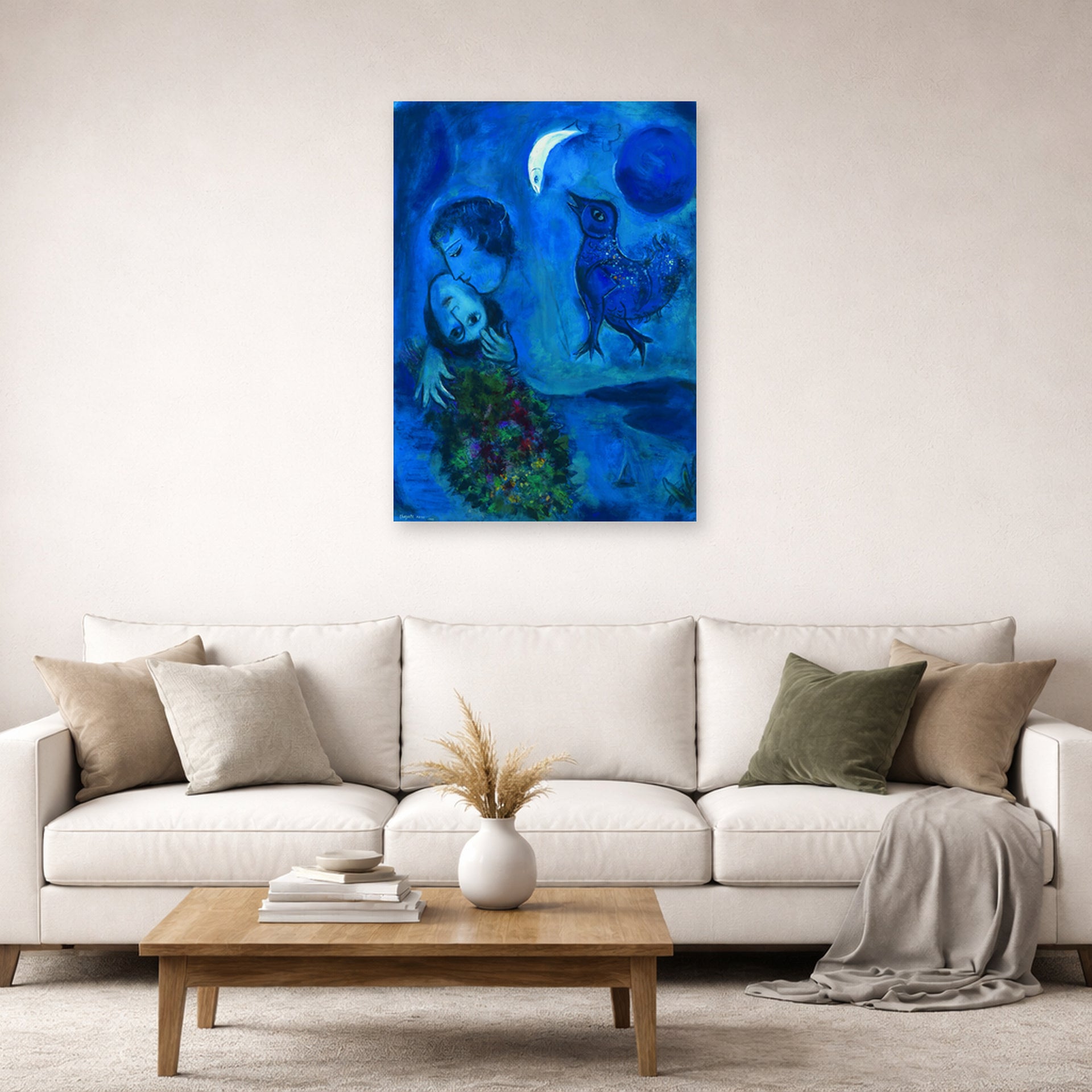 Unframed poster print of Marc Chagall's Le Paysage Bleu displayed on a wall in a living room