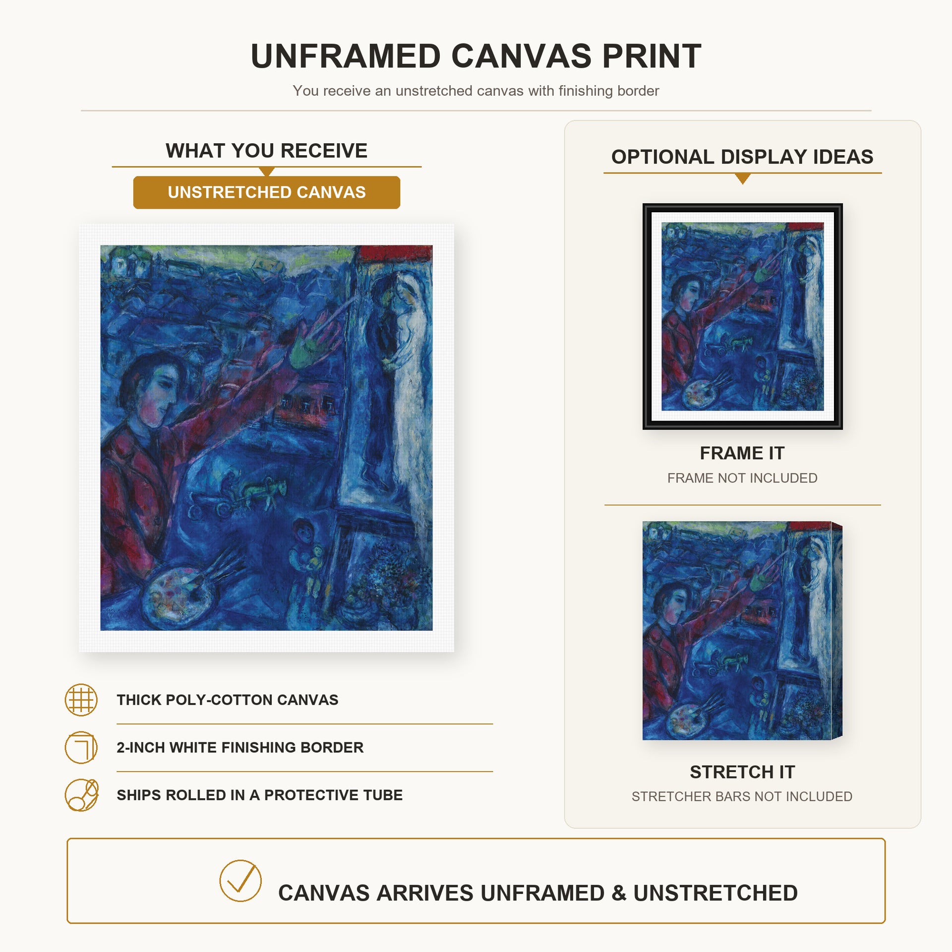 Marc Chagall - Le Peintre Devant Le Chevalet canvas print size comparison and framing display infographic
