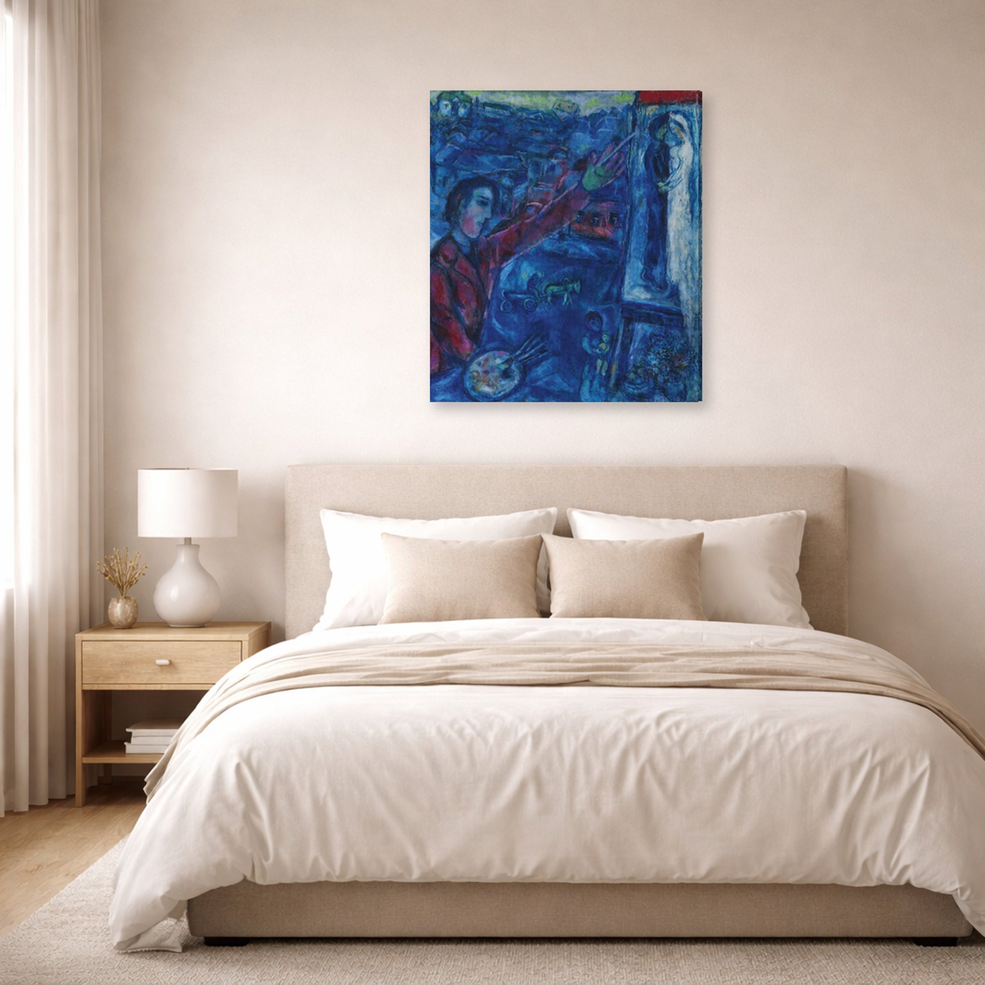 Gallery-wrapped canvas print of Marc Chagall's Le Peintre Devant Le Chevalet displayed on a wall in a bedroom