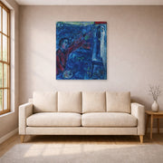 Gallery-wrapped canvas print of Marc Chagall's Le Peintre Devant Le Chevalet displayed on a wall in a living room