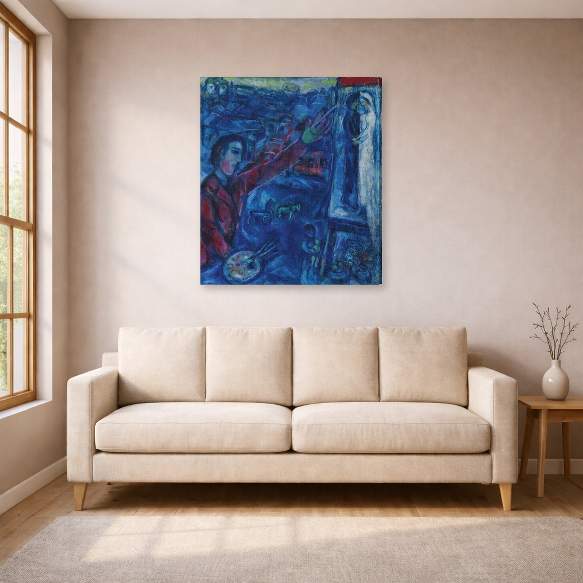 Gallery-wrapped canvas print of Marc Chagall's Le Peintre Devant Le Chevalet displayed on a wall in a living room
