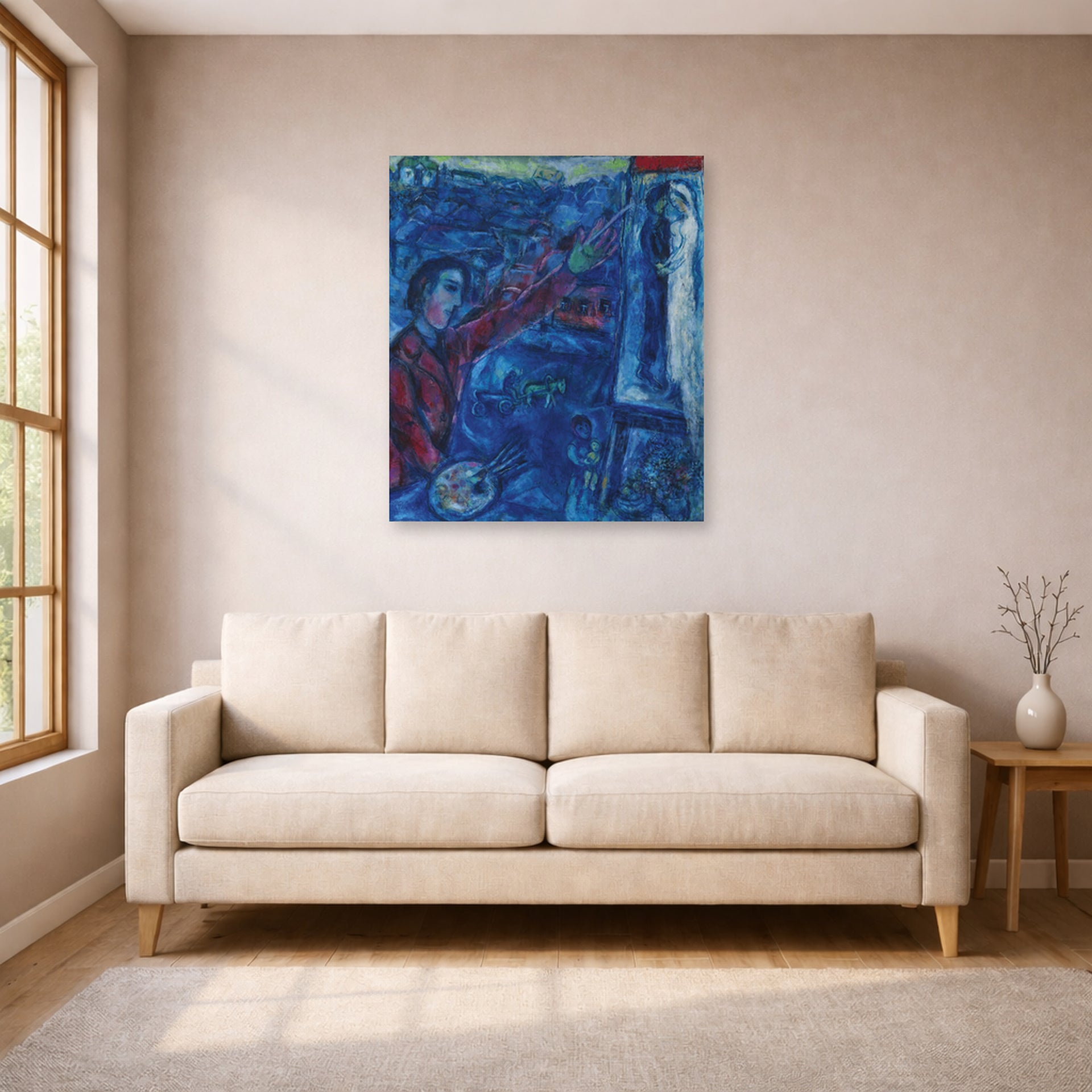 Unframed poster print of Marc Chagall's Le Peintre Devant Le Chevalet displayed on a wall in a living room