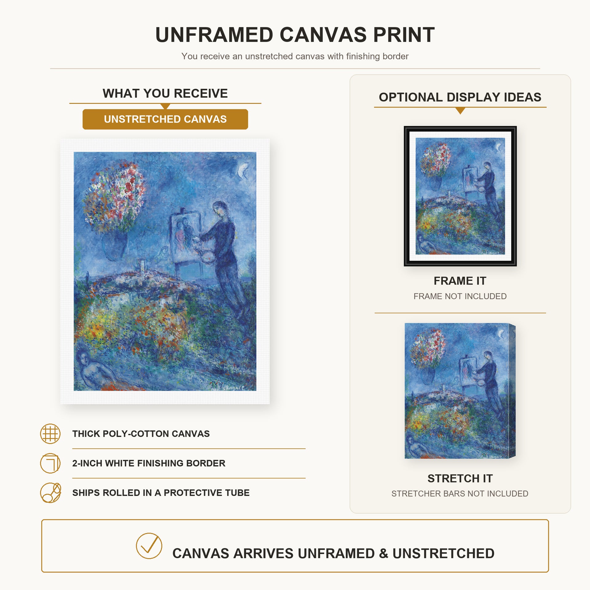 Marc Chagall - Le Peintre canvas print size comparison and framing display infographic