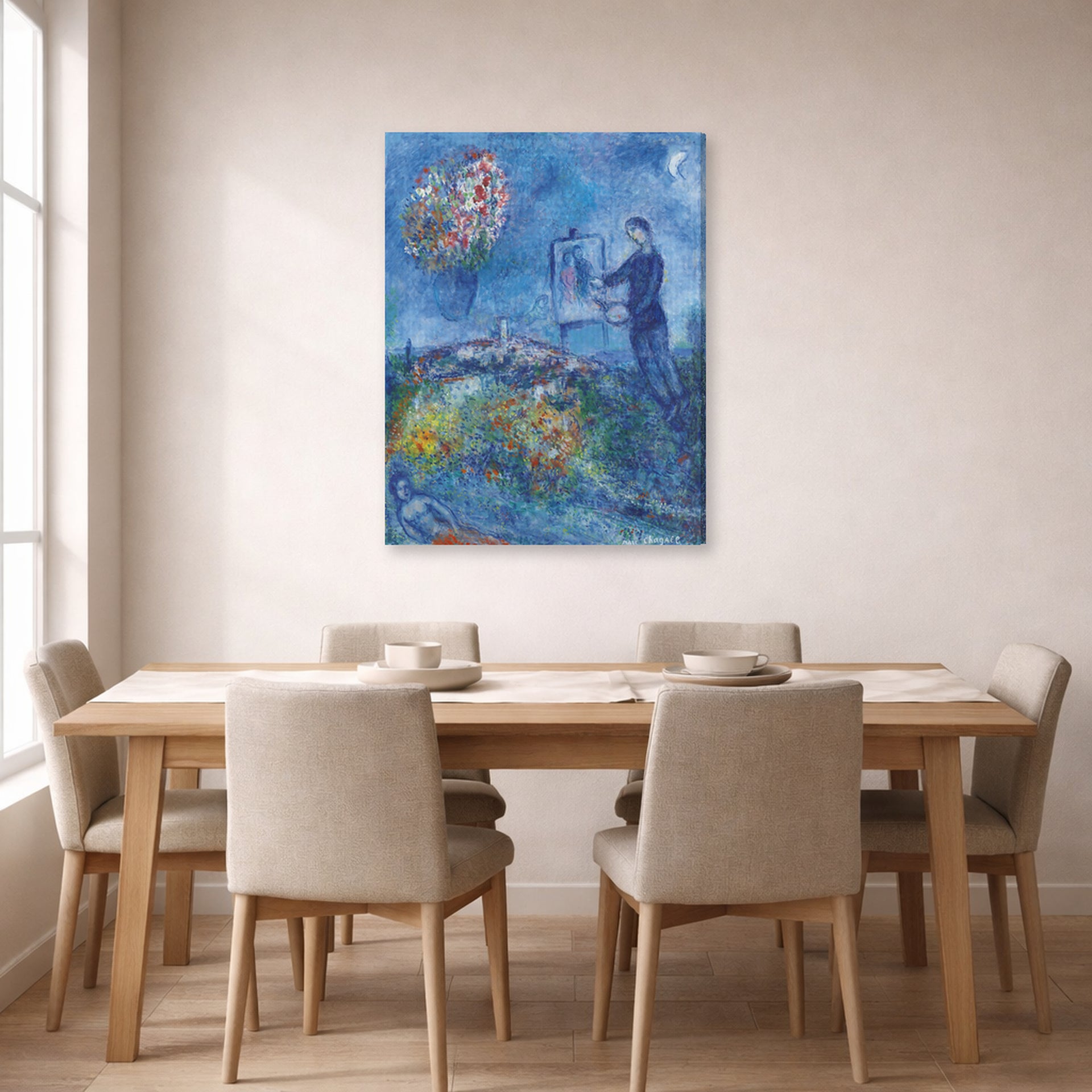 Gallery-wrapped canvas print of Marc Chagall's Le Peintre displayed on a wall in a dining room