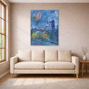 Gallery-wrapped canvas print of Marc Chagall's Le Peintre displayed on a wall in a living room