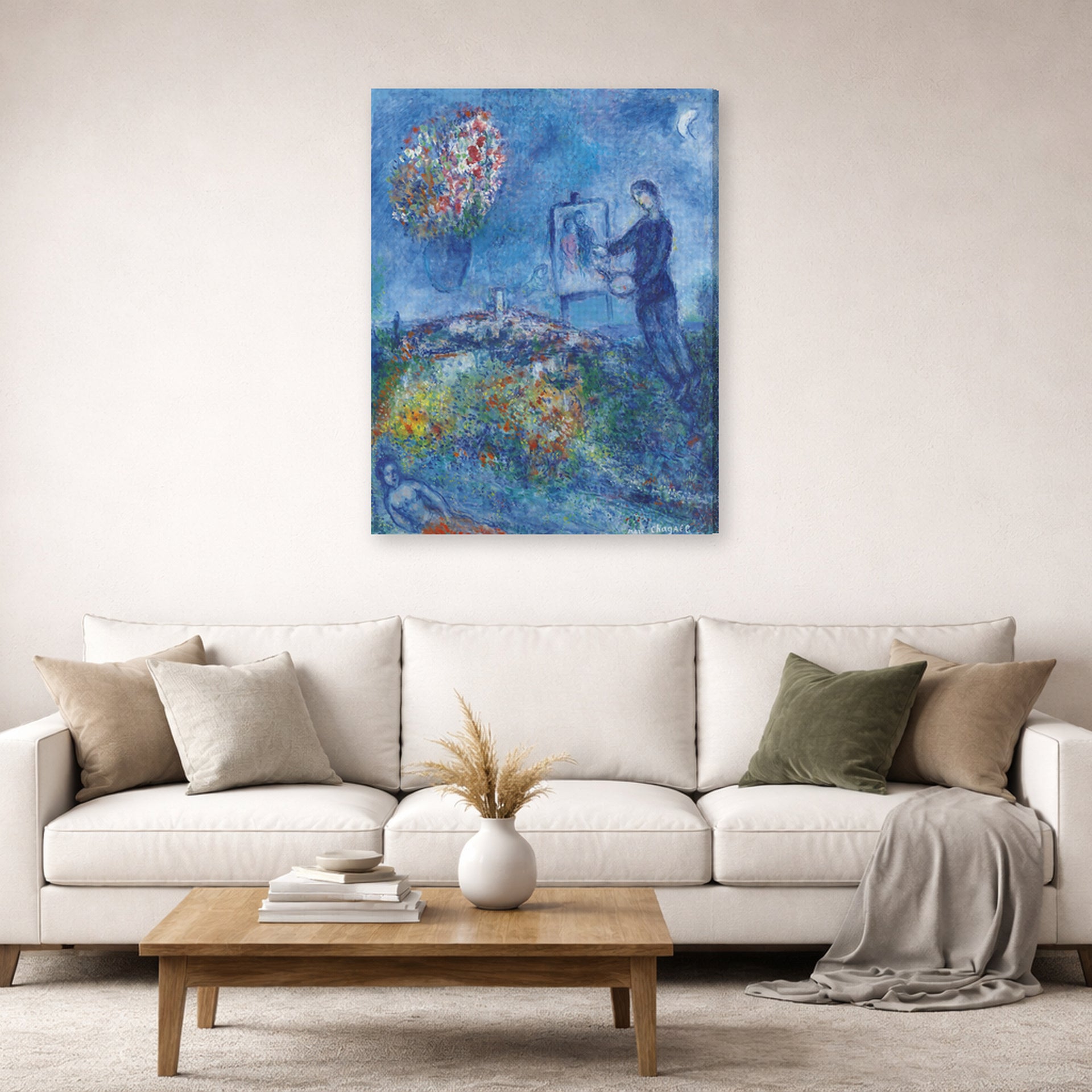 Gallery-wrapped canvas print of Marc Chagall's Le Peintre displayed on a wall in a living room