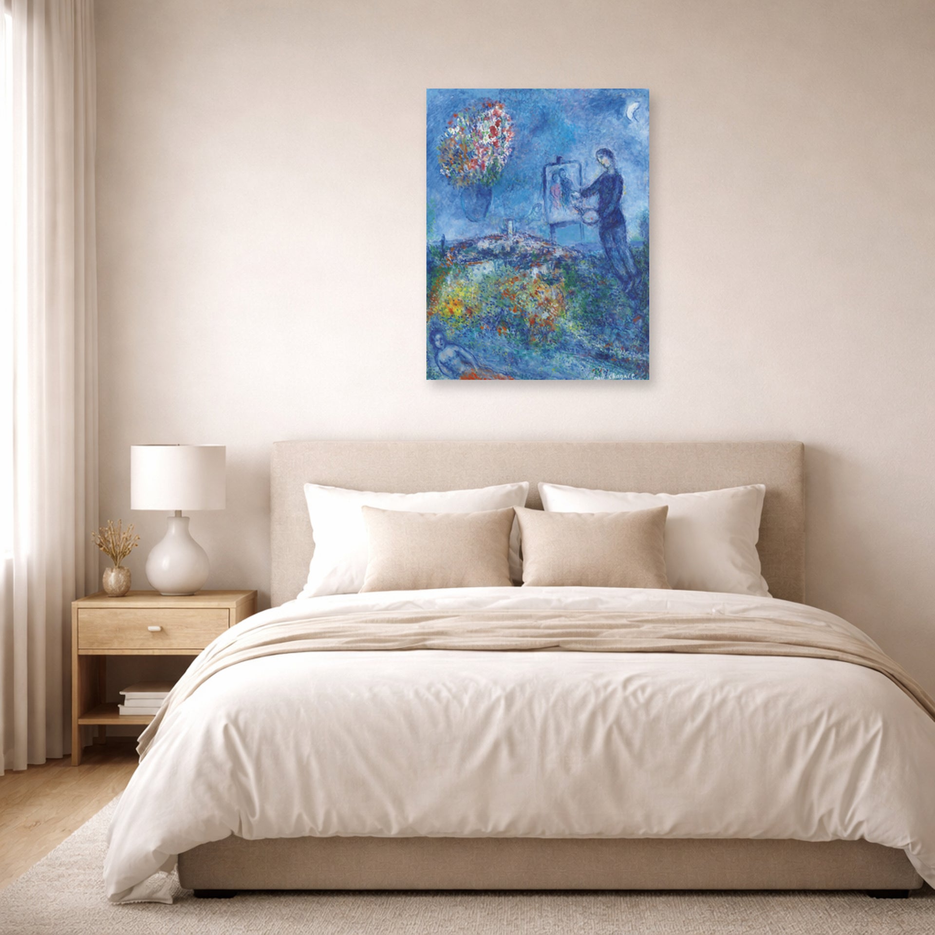 Unframed poster print of Marc Chagall's Le Peintre displayed on a wall in a bedroom
