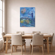 Unframed poster print of Marc Chagall's Le Peintre displayed on a wall in a dining room