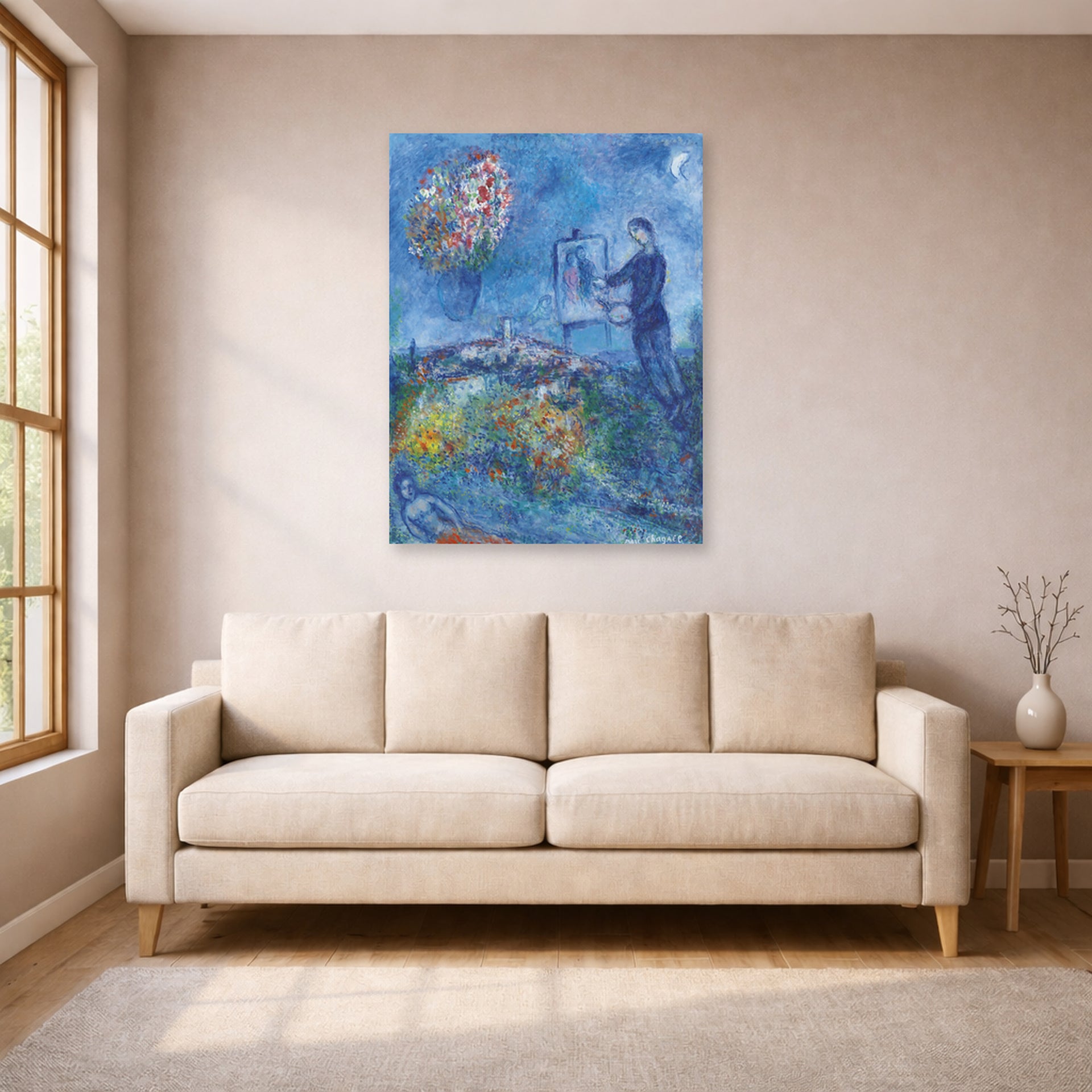Unframed poster print of Marc Chagall's Le Peintre displayed on a wall in a living room