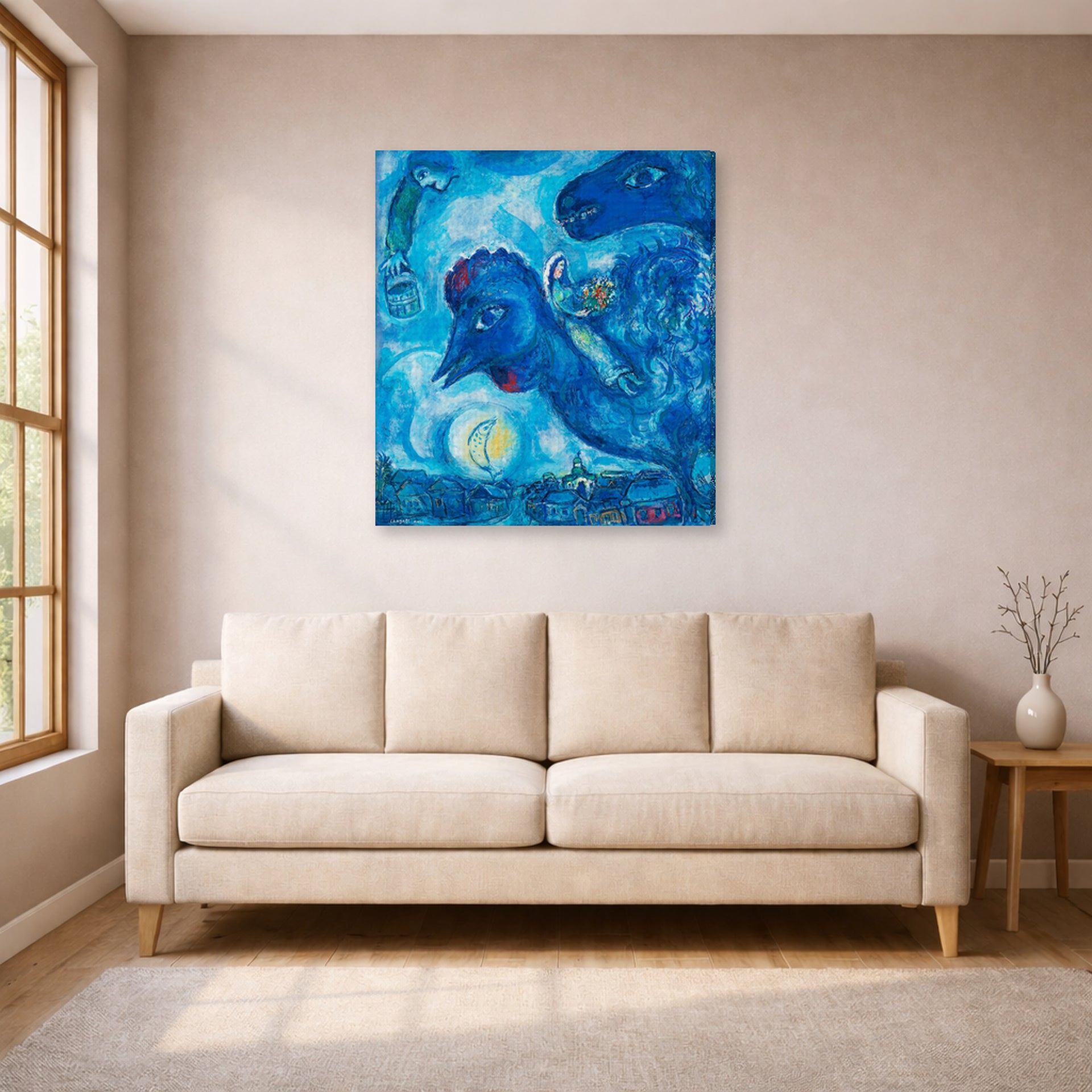 Gallery-wrapped canvas print of Marc Chagall's Le Reve De Chagall Sur Vitebsk displayed on a wall in a living room