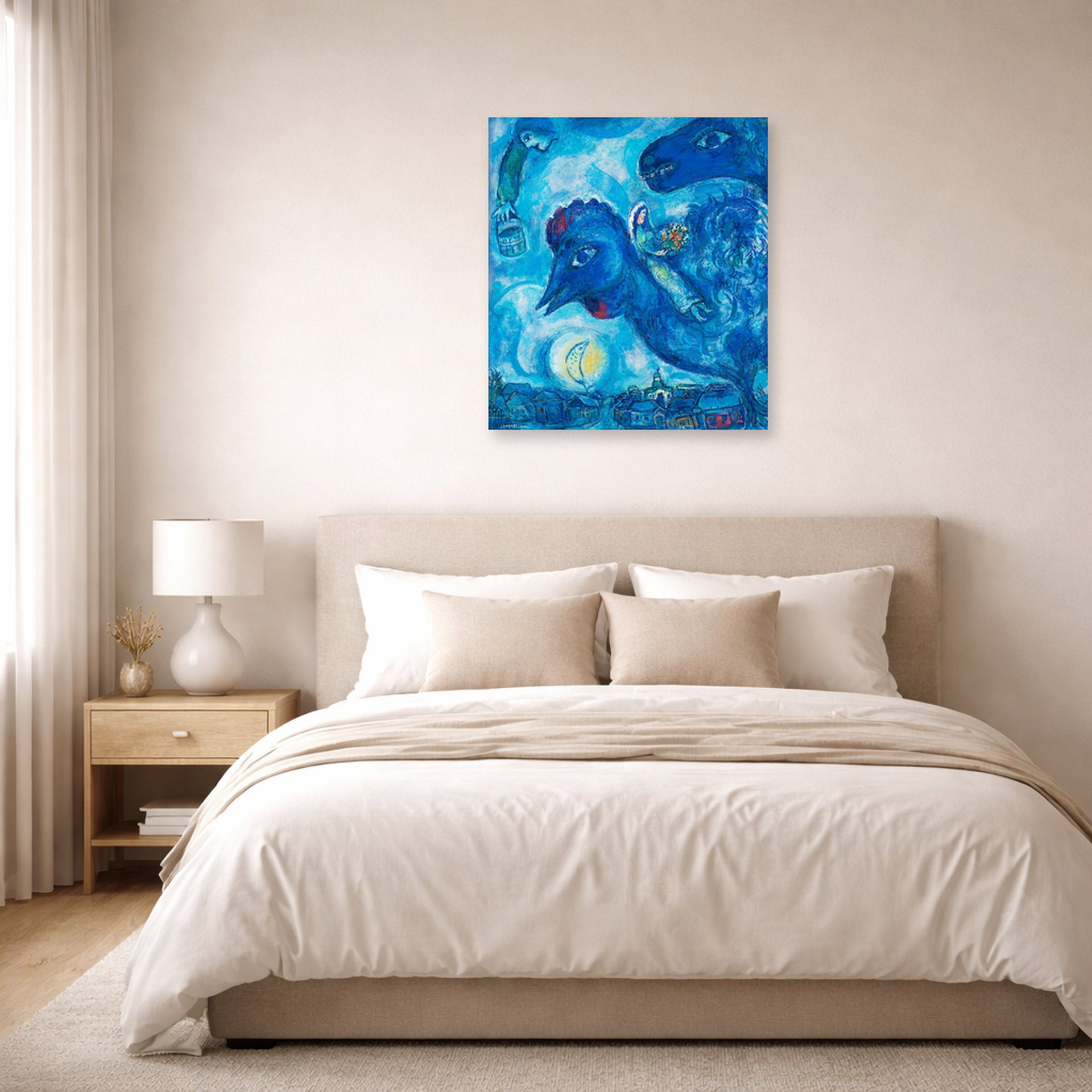 Unframed poster print of Marc Chagall's Le Reve De Chagall Sur Vitebsk displayed on a wall in a bedroom