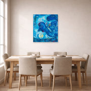 Unframed poster print of Marc Chagall's Le Reve De Chagall Sur Vitebsk displayed on a wall in a dining room