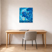 Unframed poster print of Marc Chagall's Le Reve De Chagall Sur Vitebsk displayed on a wall in an office