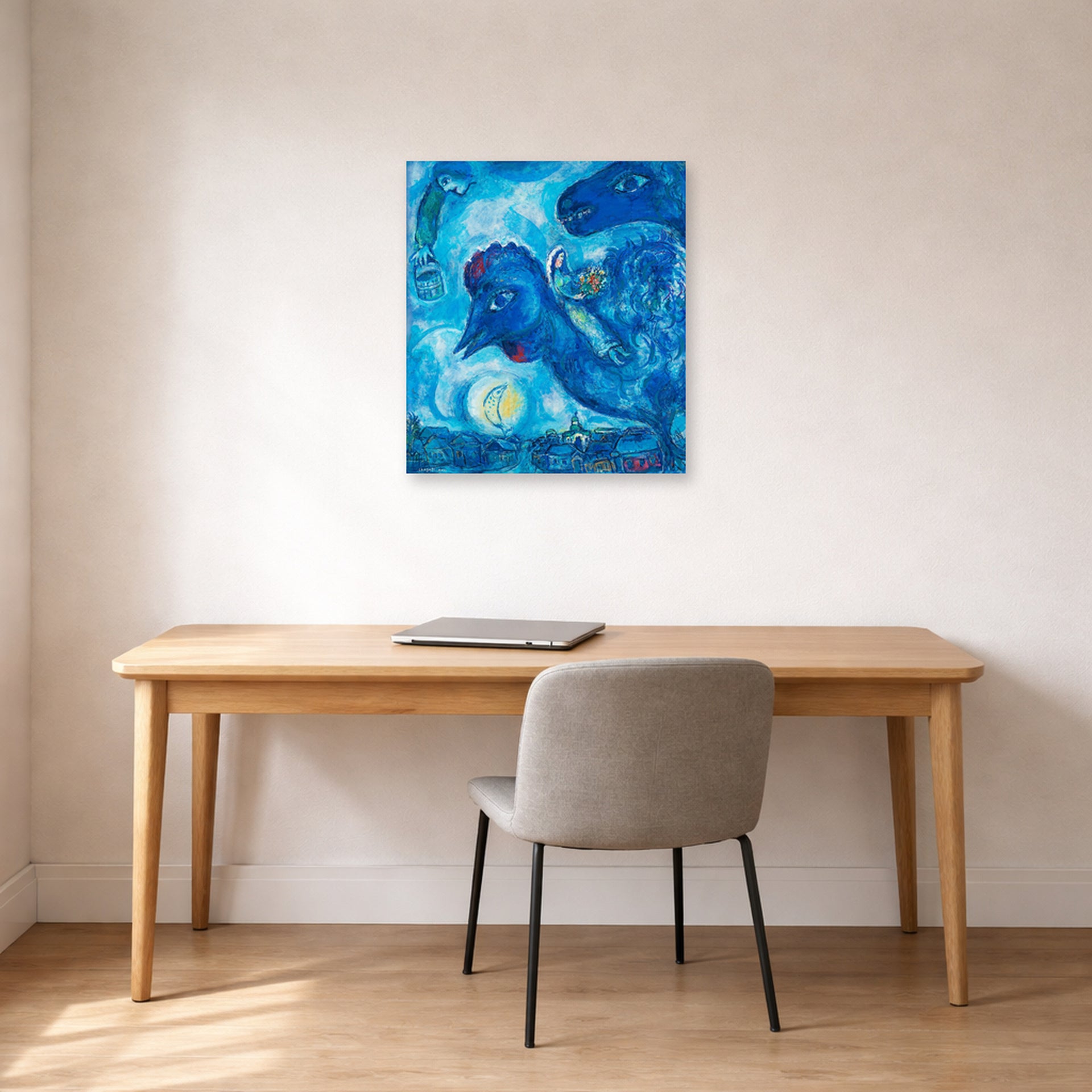Unframed poster print of Marc Chagall's Le Reve De Chagall Sur Vitebsk displayed on a wall in an office