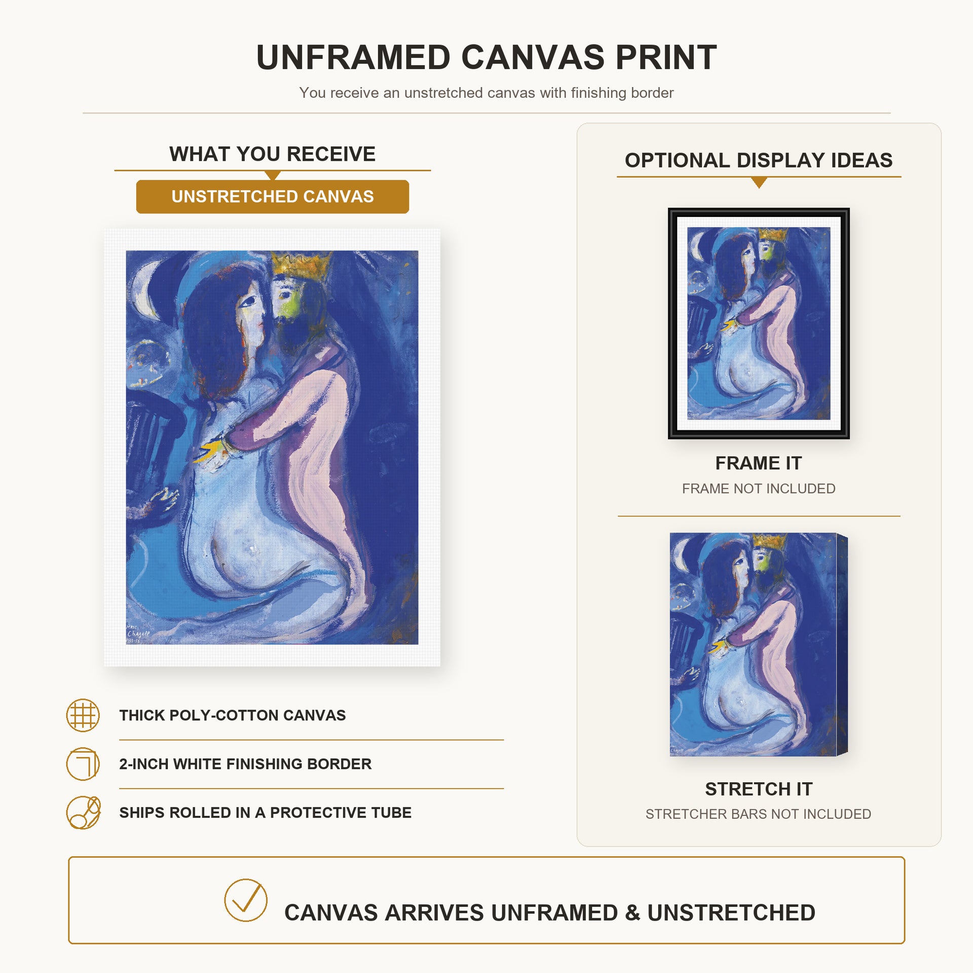 Marc Chagall - Le Roi David canvas print size comparison and framing display infographic