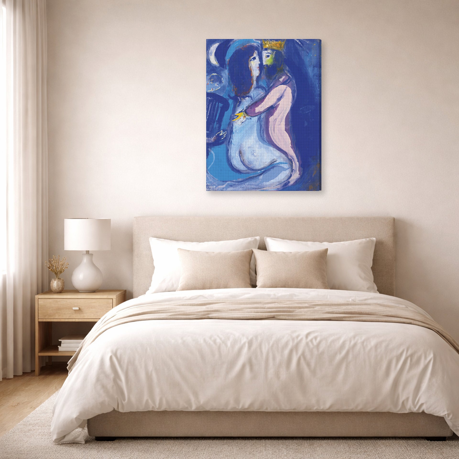 Gallery-wrapped canvas print of Marc Chagall's Le Roi David displayed on a wall in a bedroom