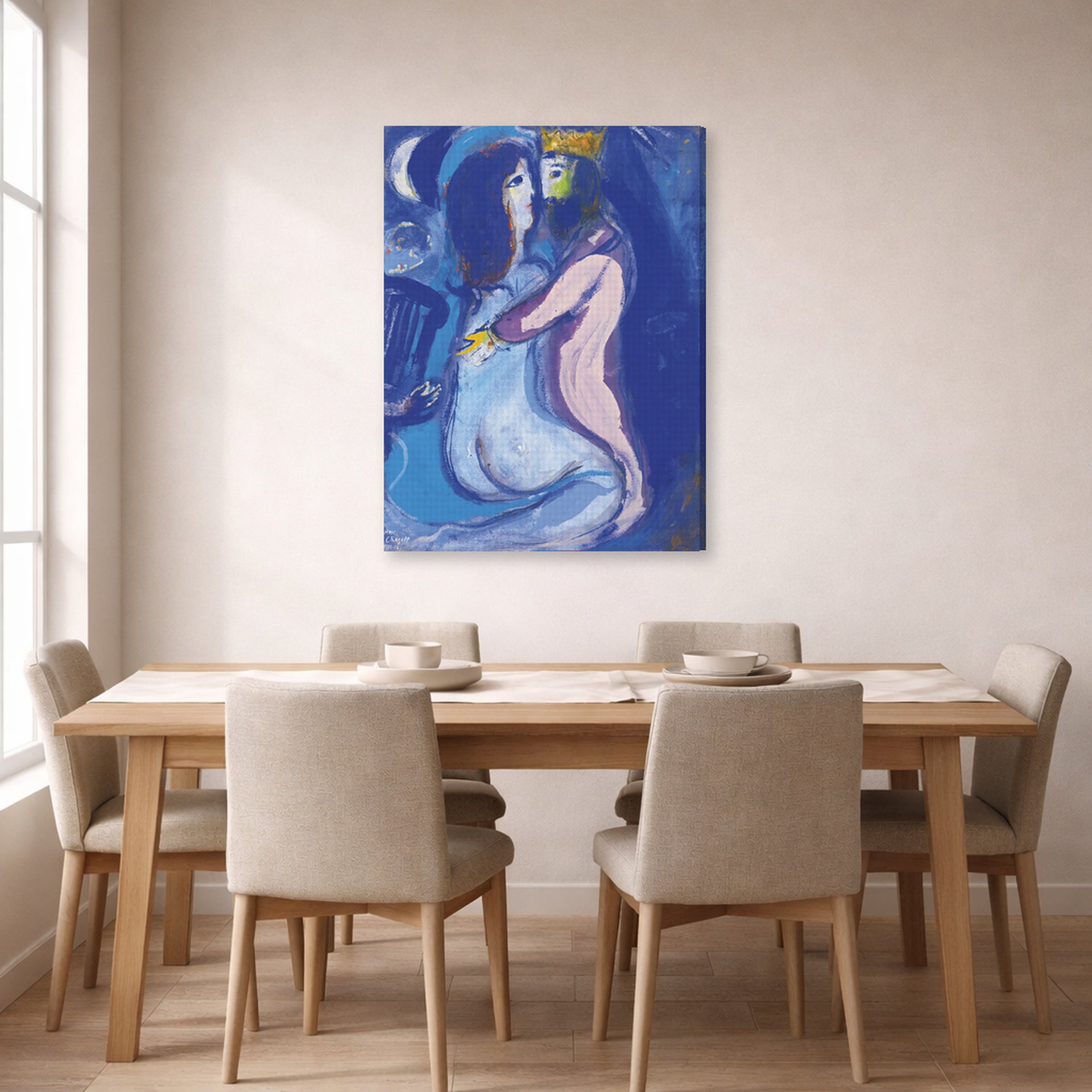 Gallery-wrapped canvas print of Marc Chagall's Le Roi David displayed on a wall in a dining room