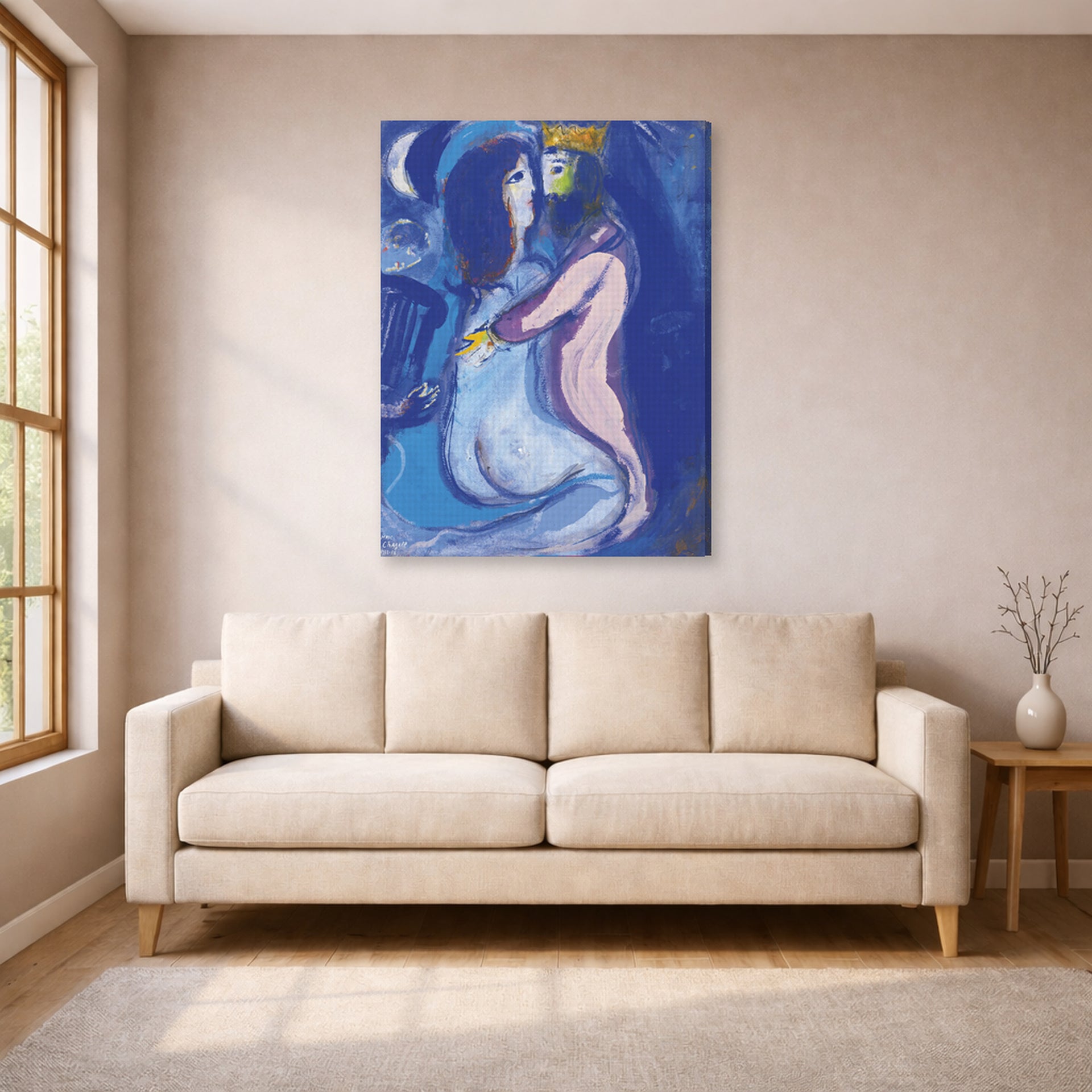 Gallery-wrapped canvas print of Marc Chagall's Le Roi David displayed on a wall in a living room