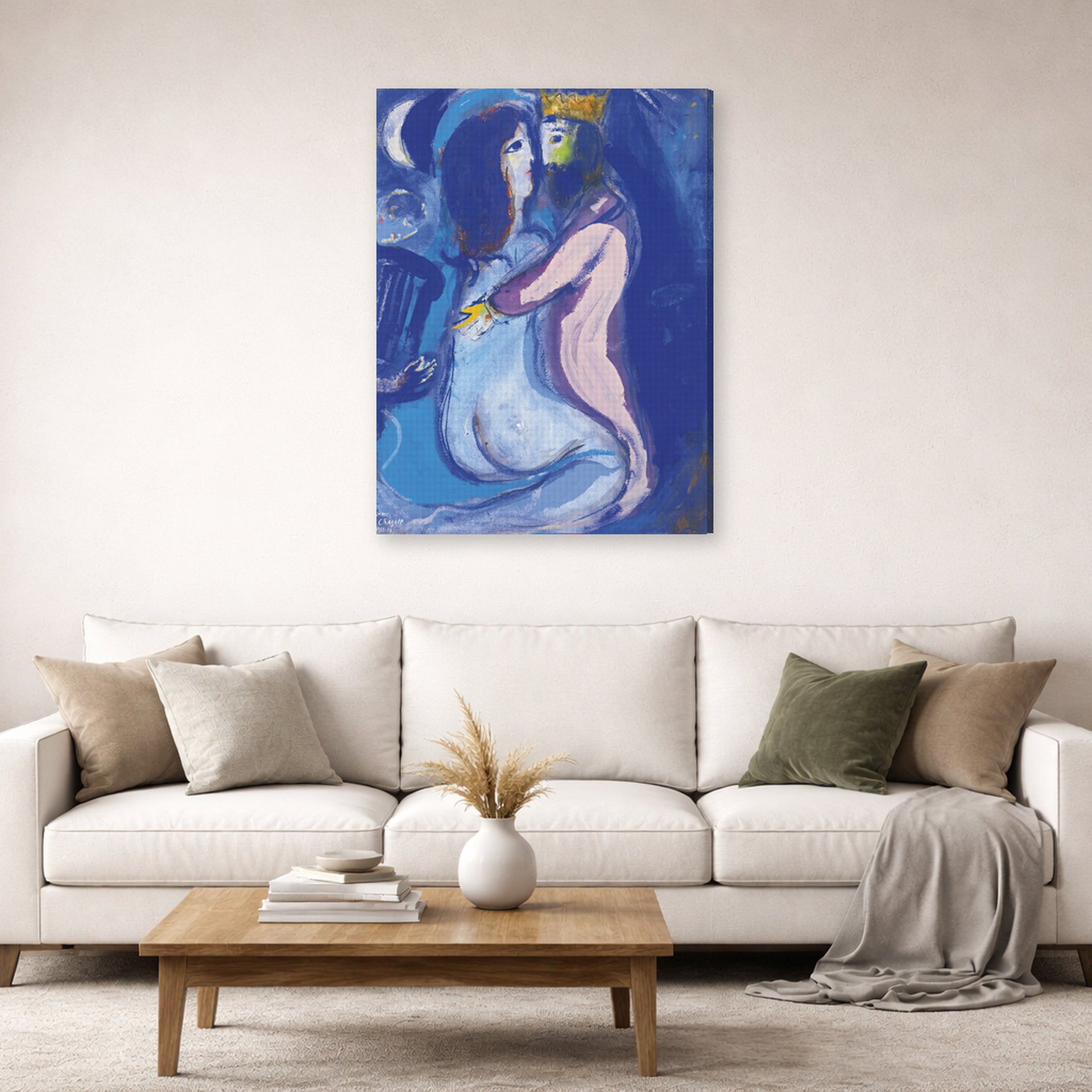 Gallery-wrapped canvas print of Marc Chagall's Le Roi David displayed on a wall in a living room