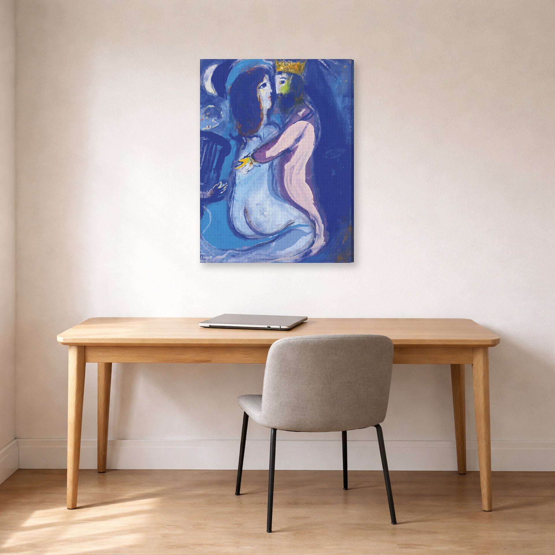 Gallery-wrapped canvas print of Marc Chagall's Le Roi David displayed on a wall in an office